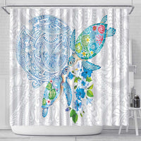 Hawaiian Couple Turtles Honi Shower Curtain Polynesian Art Motifs and Hibiscus White Blue Color LT03 - Polynesian Pride