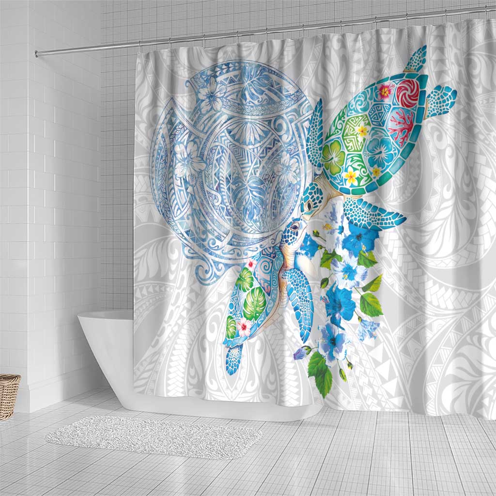 Hawaiian Couple Turtles Honi Shower Curtain Polynesian Art Motifs and Hibiscus White Blue Color LT03 - Polynesian Pride