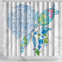Hawaiian Couple Turtles Honi Shower Curtain Polynesian Art Motifs and Hibiscus White Blue Color LT03 - Polynesian Pride