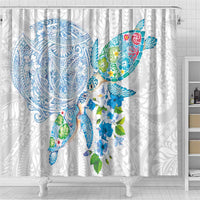 Hawaiian Couple Turtles Honi Shower Curtain Polynesian Art Motifs and Hibiscus White Blue Color LT03 - Polynesian Pride