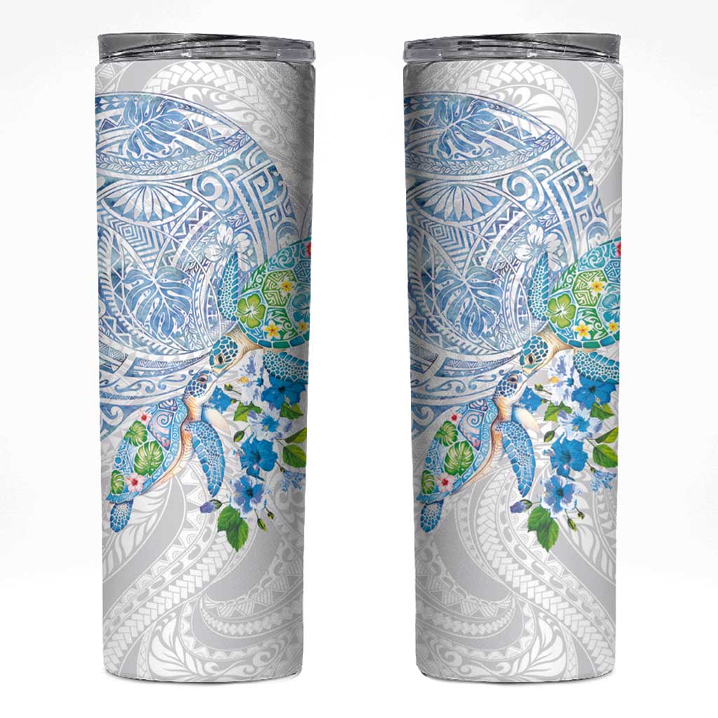 Hawaiian Couple Turtles Honi Skinny Tumbler Polynesian Art Motifs and Hibiscus White Blue Color LT03 White - Polynesian Pride