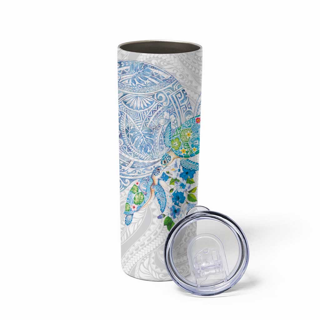 Hawaiian Couple Turtles Honi Skinny Tumbler Polynesian Art Motifs and Hibiscus White Blue Color LT03 - Polynesian Pride
