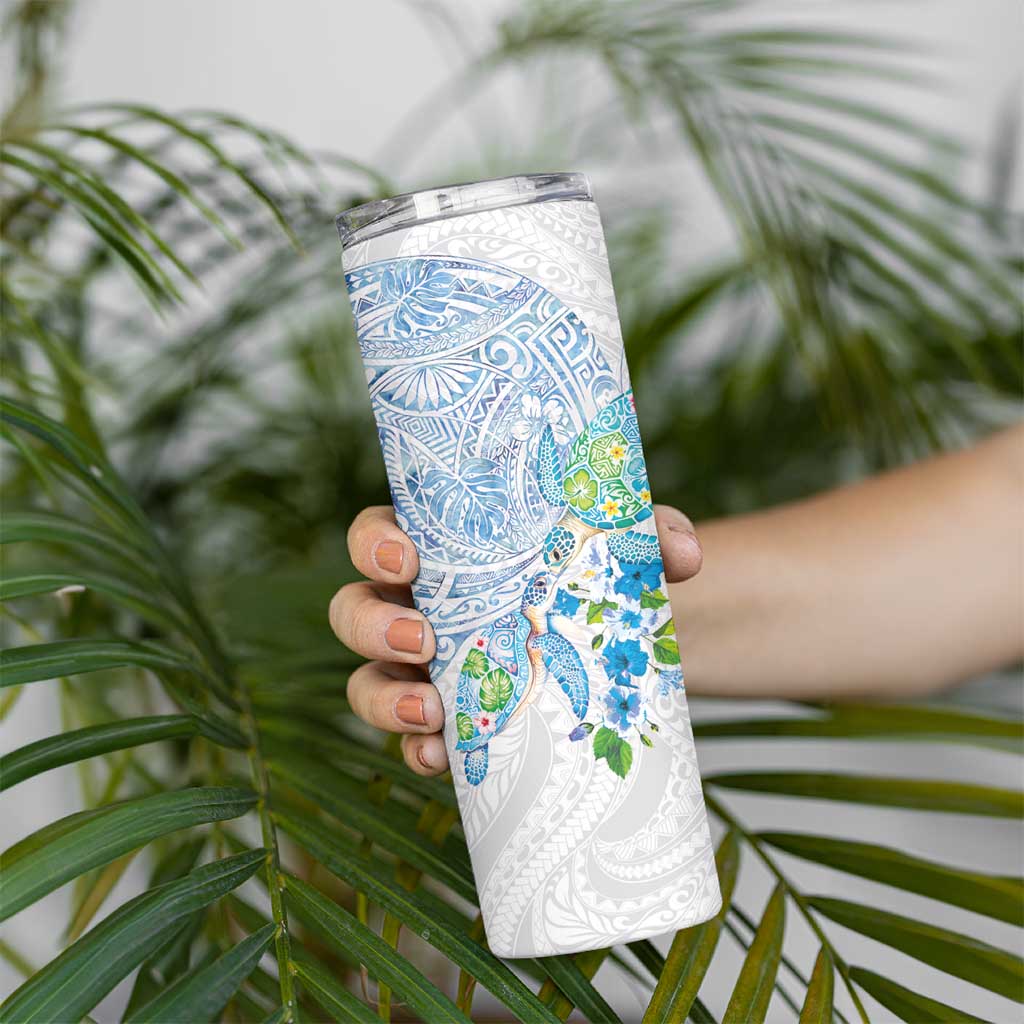 Hawaiian Couple Turtles Honi Skinny Tumbler Polynesian Art Motifs and Hibiscus White Blue Color LT03 - Polynesian Pride