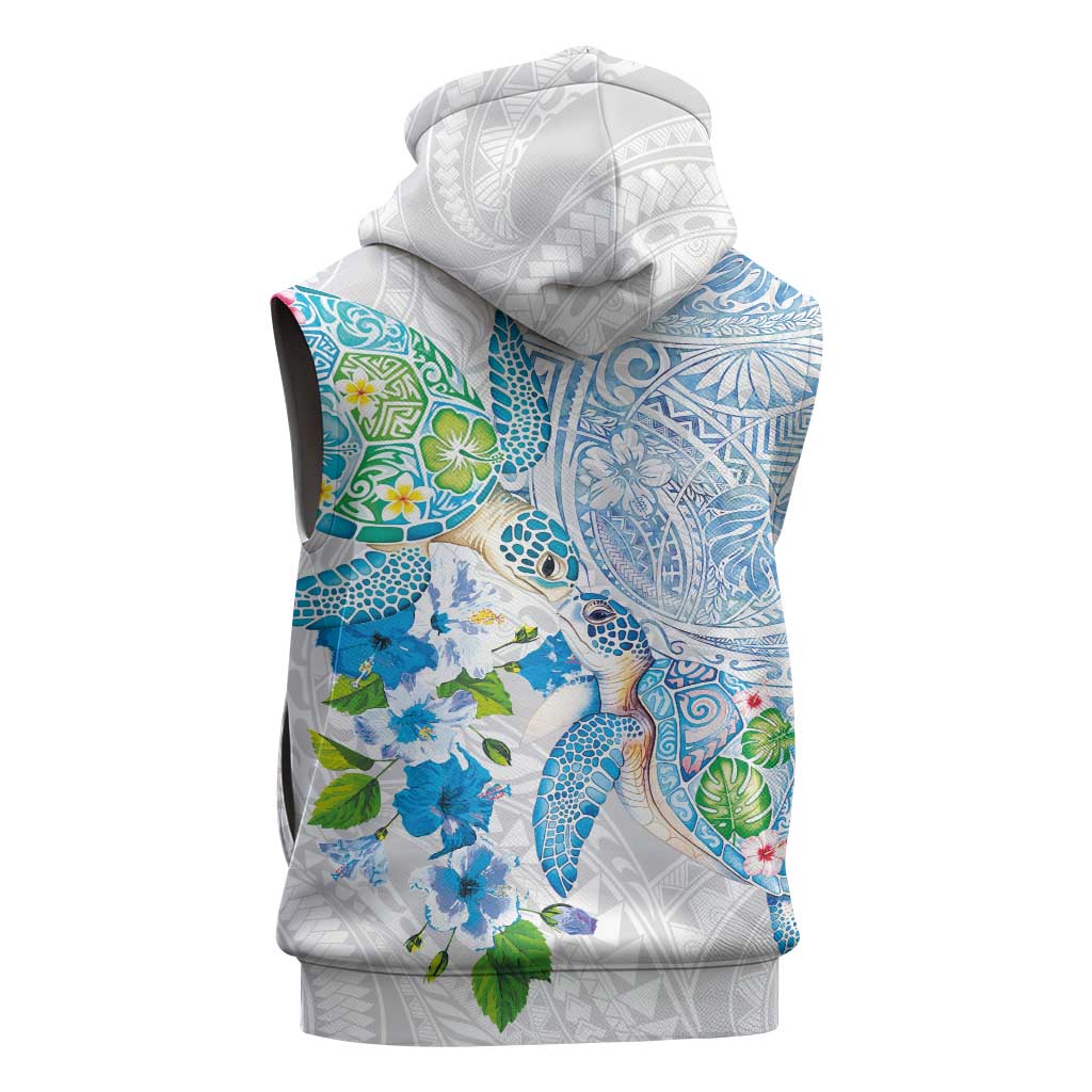 Hawaiian Couple Turtles Honi Sleeveless Hoodie Polynesian Art Motifs and Hibiscus White Blue Color LT03 - Polynesian Pride