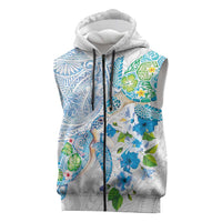Hawaiian Couple Turtles Honi Sleeveless Zip Hoodie Polynesian Art Motifs and Hibiscus White Blue Color LT03 White - Polynesian Pride