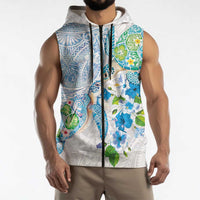 Hawaiian Couple Turtles Honi Sleeveless Zip Hoodie Polynesian Art Motifs and Hibiscus White Blue Color LT03 - Polynesian Pride