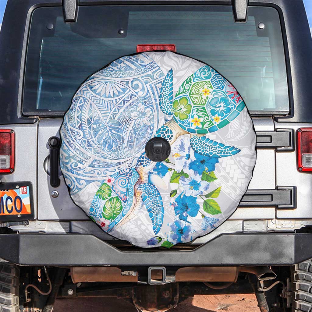 Hawaiian Couple Turtles Honi Spare Tire Cover Polynesian Art Motifs and Hibiscus White Blue Color LT03 White - Polynesian Pride