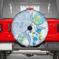 Hawaiian Couple Turtles Honi Spare Tire Cover Polynesian Art Motifs and Hibiscus White Blue Color LT03 - Polynesian Pride