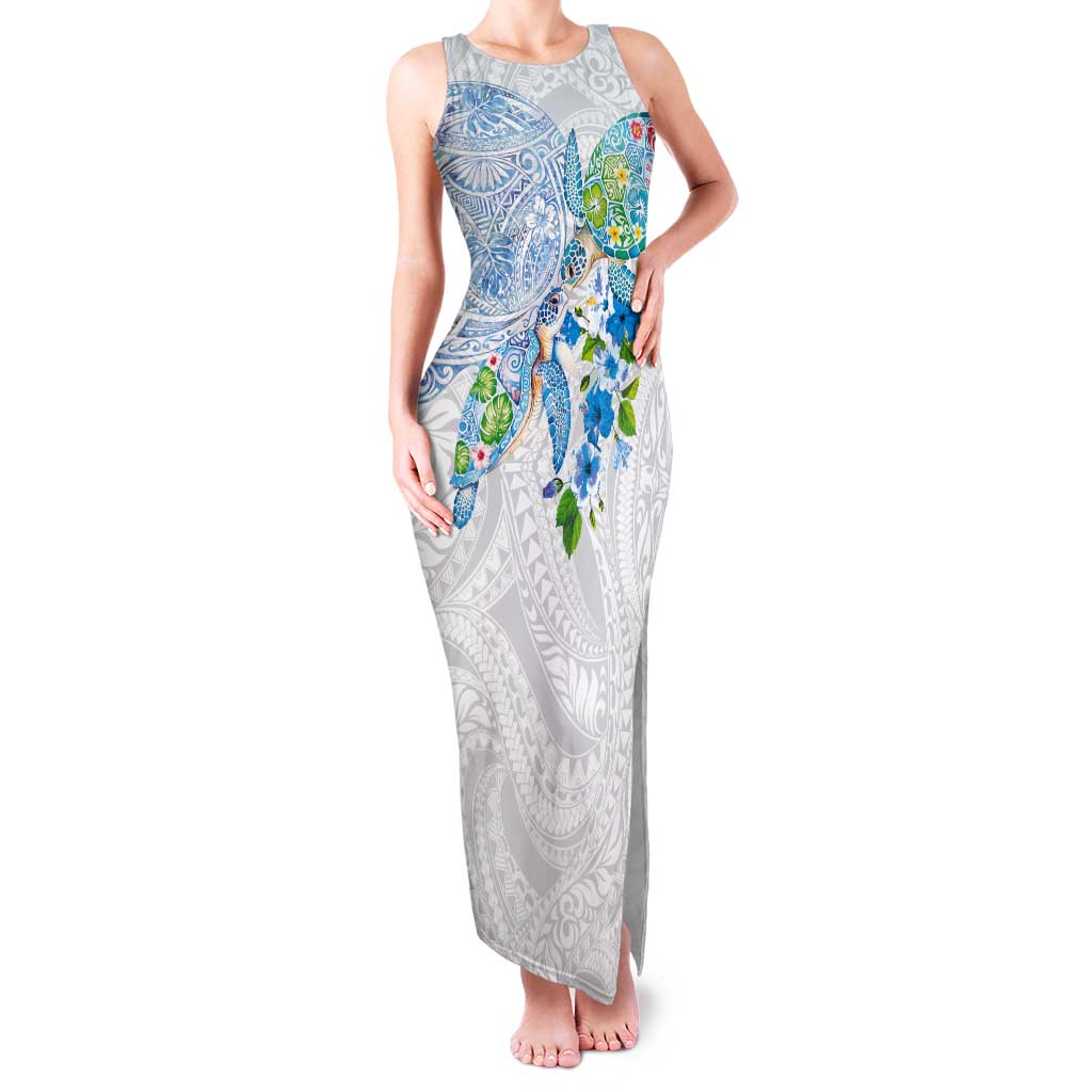 Hawaiian Couple Turtles Honi Tank Maxi Dress Polynesian Art Motifs and Hibiscus White Blue Color LT03 Women White - Polynesian Pride