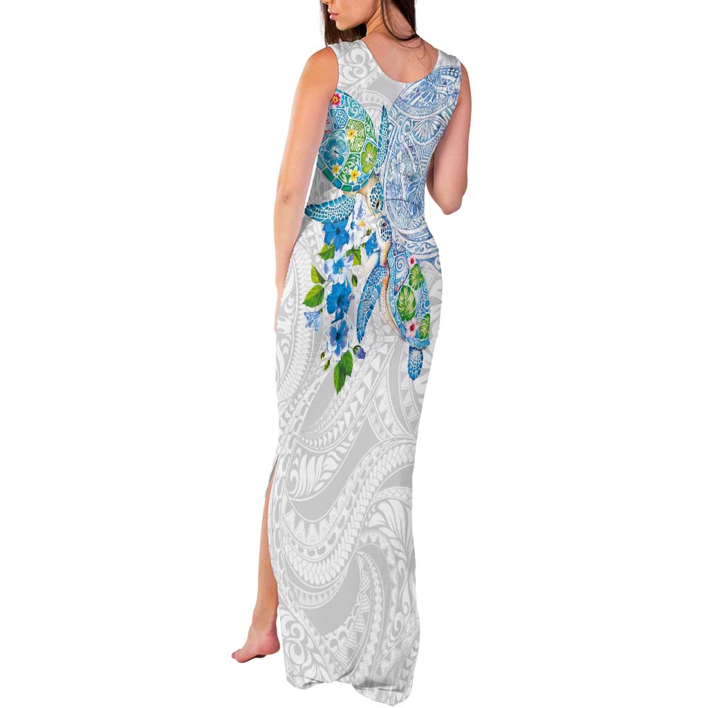 Hawaiian Couple Turtles Honi Tank Maxi Dress Polynesian Art Motifs and Hibiscus White Blue Color LT03 - Polynesian Pride