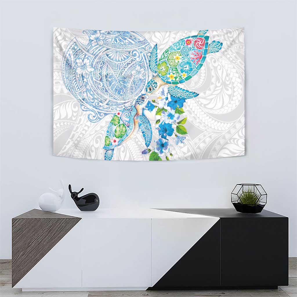Hawaiian Couple Turtles Honi Tapestry Polynesian Art Motifs and Hibiscus White Blue Color - Polynesian Pride