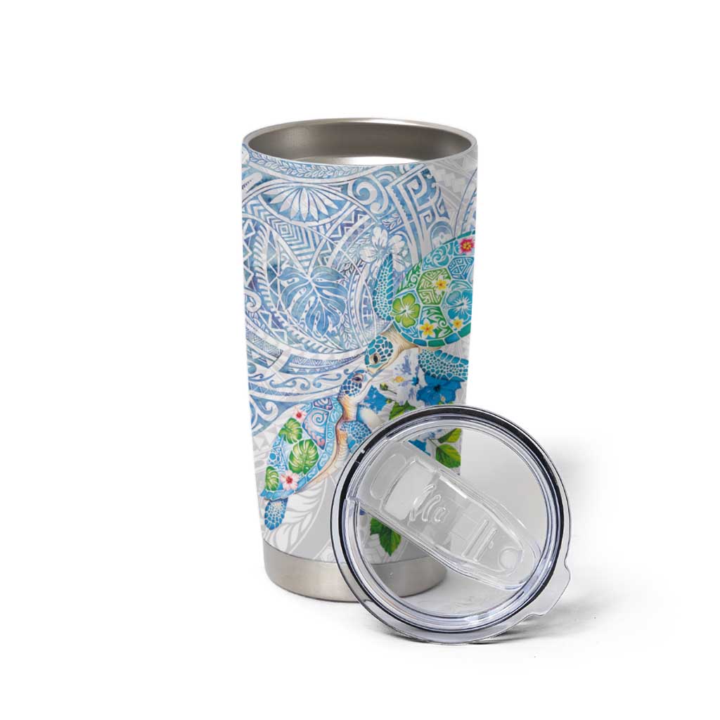 Hawaiian Couple Turtles Honi Tumbler Cup Polynesian Art Motifs and Hibiscus White Blue Color - Polynesian Pride
