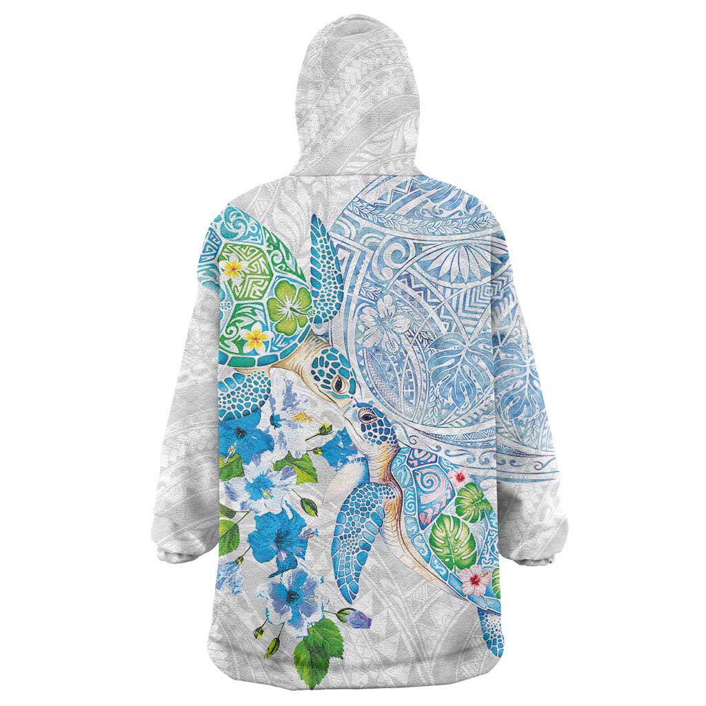 Hawaiian Couple Turtles Honi Wearable Blanket Hoodie Polynesian Art Motifs and Hibiscus White Blue Color LT03 - Polynesian Pride