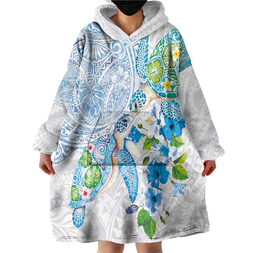 Hawaiian Couple Turtles Honi Wearable Blanket Hoodie Polynesian Art Motifs and Hibiscus White Blue Color LT03 - Polynesian Pride