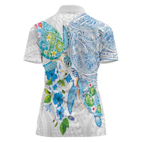 Hawaiian Couple Turtles Honi Women Polo Shirt Polynesian Art Motifs and Hibiscus White Blue Color LT03 - Polynesian Pride