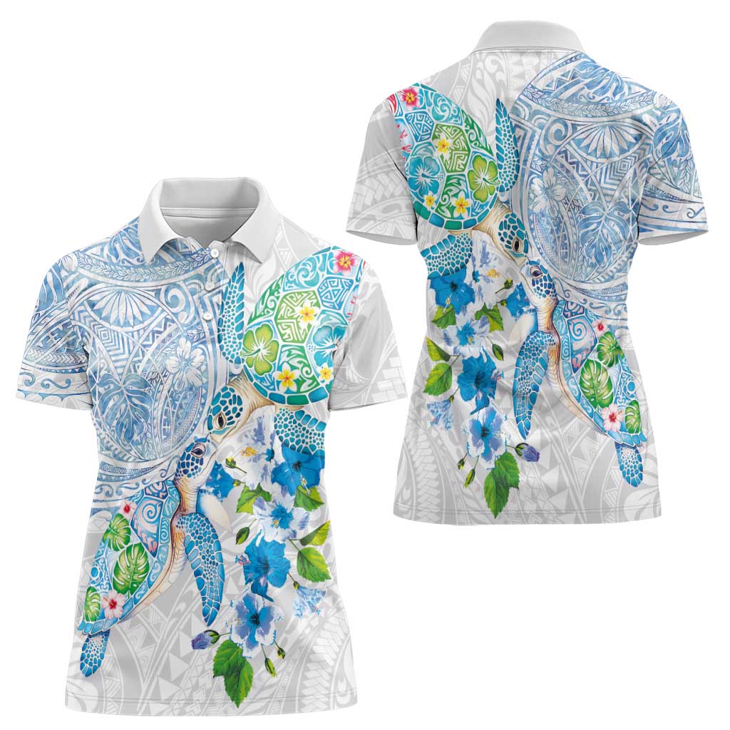 Hawaiian Couple Turtles Honi Women Polo Shirt Polynesian Art Motifs and Hibiscus White Blue Color LT03 - Polynesian Pride