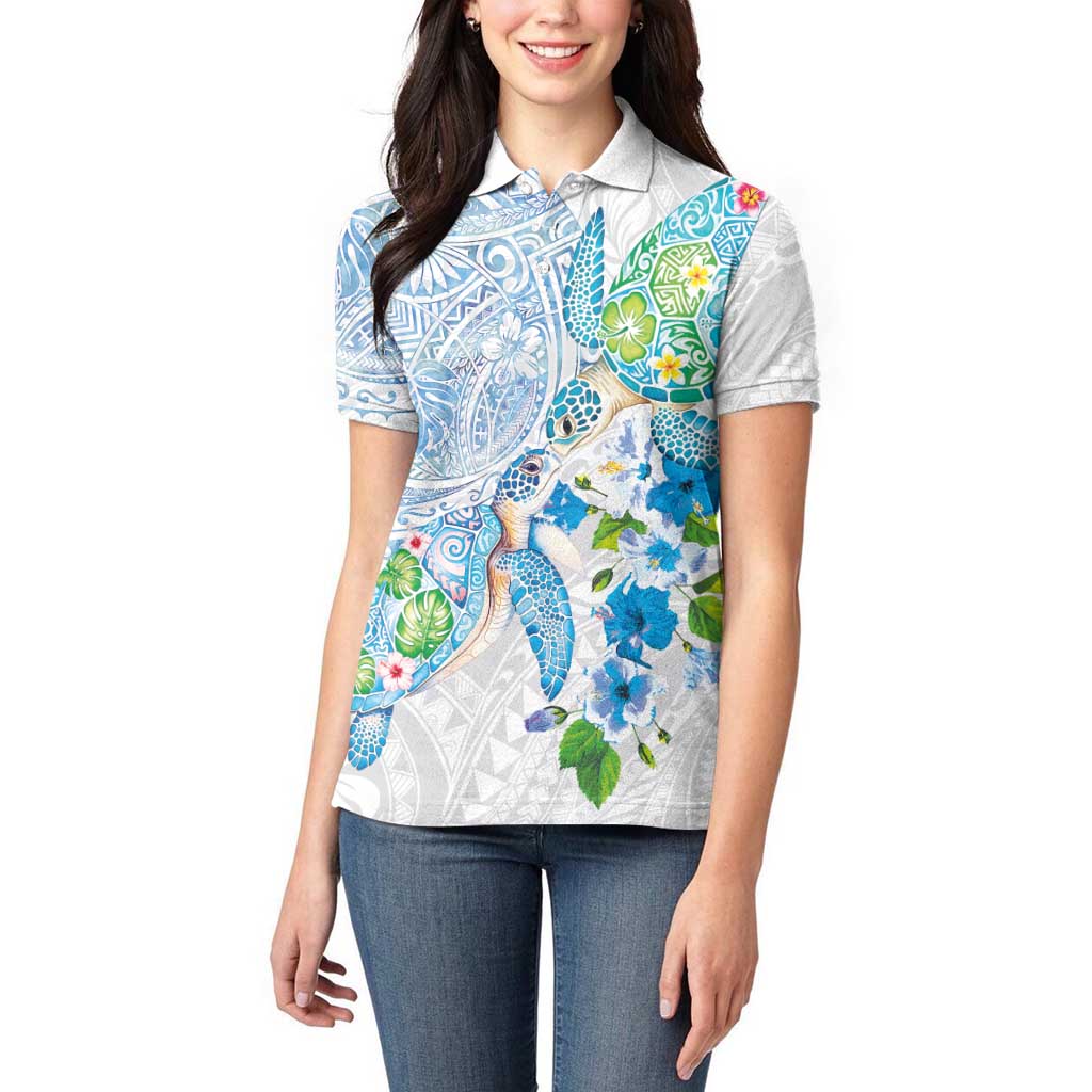Hawaiian Couple Turtles Honi Women Polo Shirt Polynesian Art Motifs and Hibiscus White Blue Color LT03 - Polynesian Pride