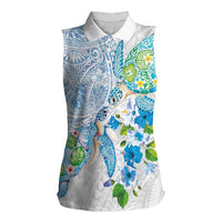 Hawaiian Couple Turtles Honi Women Sleeveless Polo Shirt Polynesian Art Motifs and Hibiscus White Blue Color LT03 Female White - Polynesian Pride