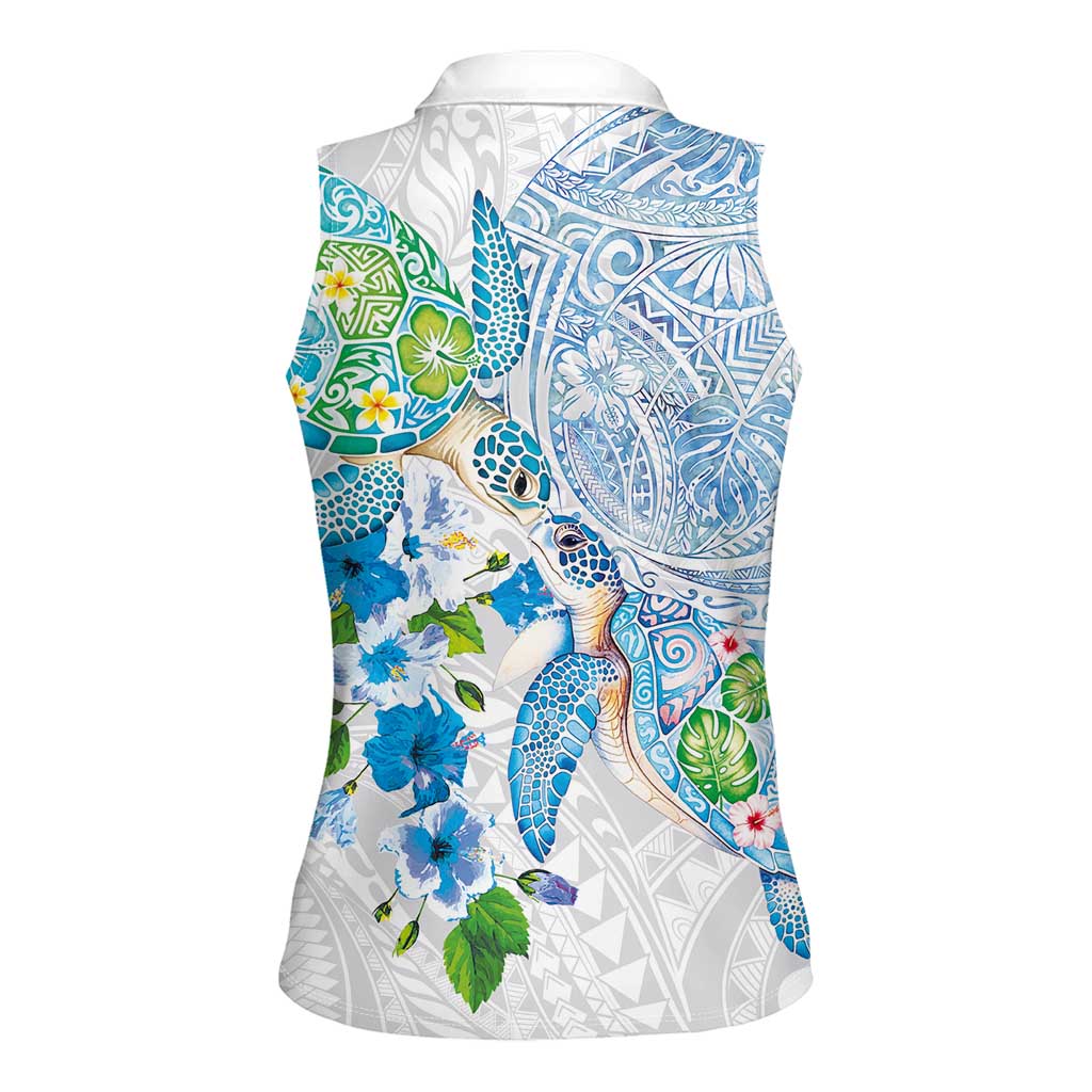 Hawaiian Couple Turtles Honi Women Sleeveless Polo Shirt Polynesian Art Motifs and Hibiscus White Blue Color LT03 - Polynesian Pride