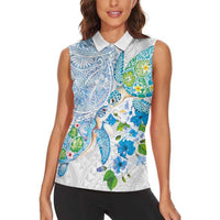 Hawaiian Couple Turtles Honi Women Sleeveless Polo Shirt Polynesian Art Motifs and Hibiscus White Blue Color LT03 - Polynesian Pride