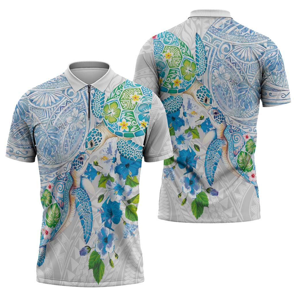 Hawaiian Couple Turtles Honi Zipper Polo Shirt Polynesian Art Motifs and Hibiscus White Blue Color LT03 - Polynesian Pride