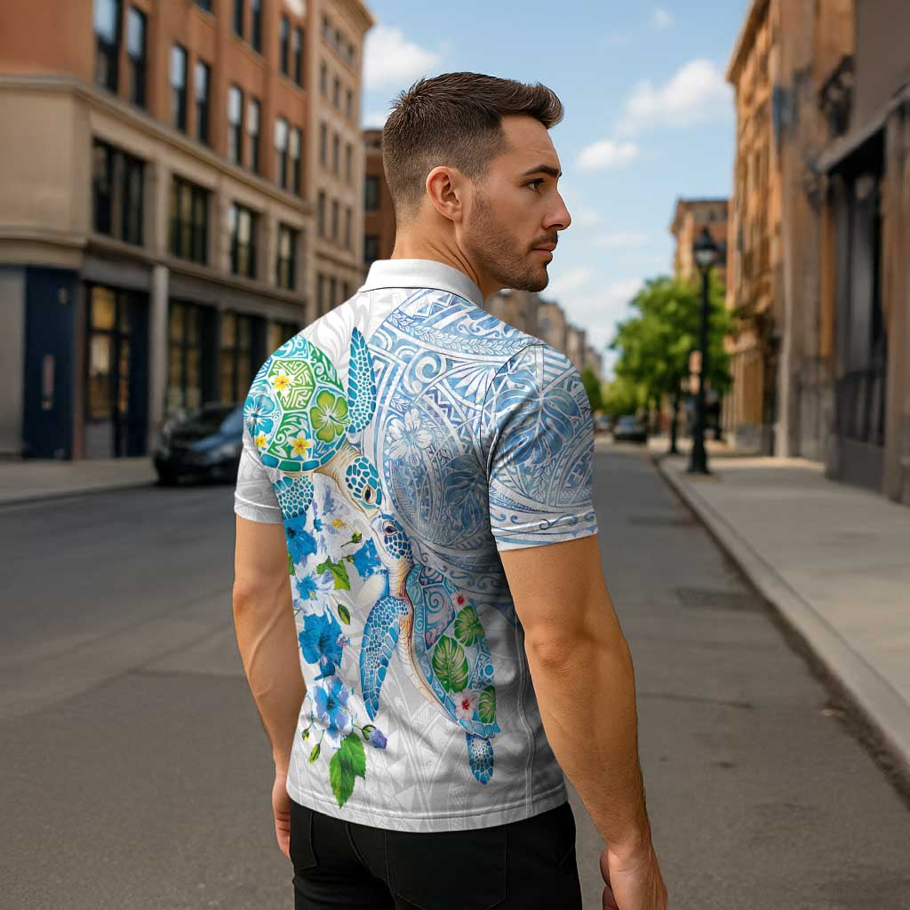 Hawaiian Couple Turtles Honi Zipper Polo Shirt Polynesian Art Motifs and Hibiscus White Blue Color LT03 - Polynesian Pride