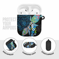 Hawaiian Couple Turtles Honi AirPods Case Polynesian Art Motifs and Hibiscus Black Blue Color - Polynesian Pride