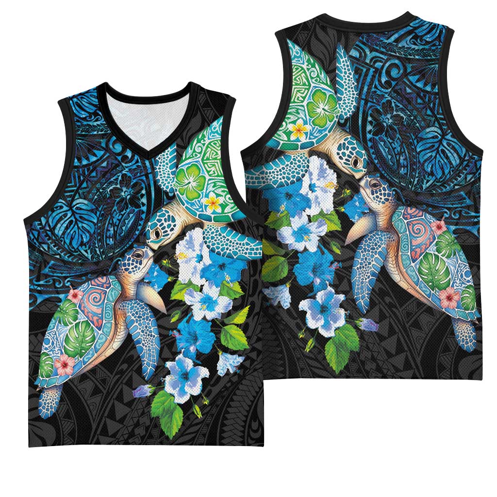 Hawaiian Couple Turtles Honi Basketball Jersey Polynesian Art Motifs and Hibiscus Black Blue Color LT03 - Polynesian Pride