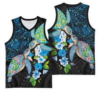 Hawaiian Couple Turtles Honi Basketball Jersey Polynesian Art Motifs and Hibiscus Black Blue Color LT03 - Polynesian Pride