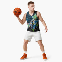 Hawaiian Couple Turtles Honi Basketball Jersey Polynesian Art Motifs and Hibiscus Black Blue Color LT03 - Polynesian Pride