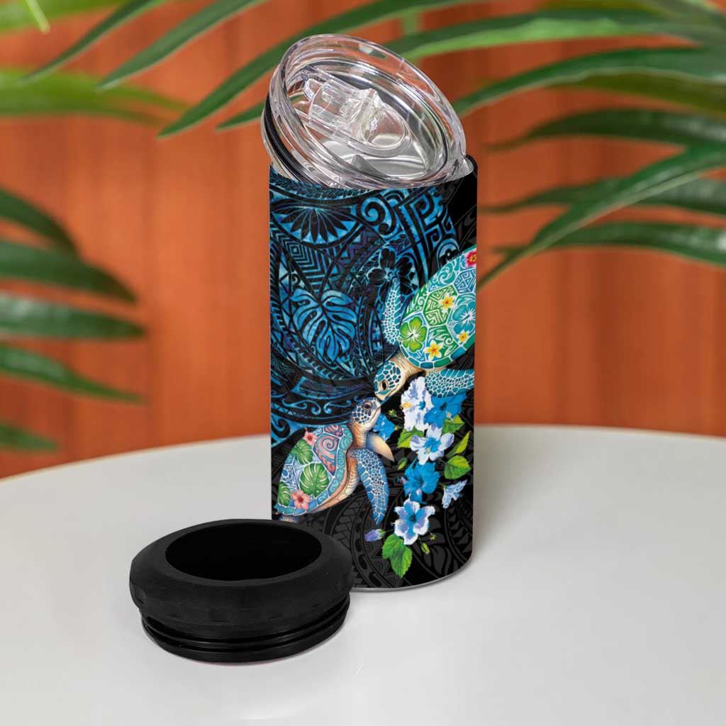 Hawaiian Couple Turtles Honi 4 in 1 Can Cooler Tumbler Polynesian Art Motifs and Hibiscus Black Blue Color LT03 - Polynesian Pride