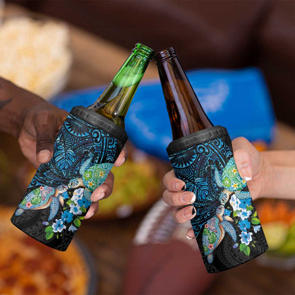 Hawaiian Couple Turtles Honi 4 in 1 Can Cooler Tumbler Polynesian Art Motifs and Hibiscus Black Blue Color LT03 - Polynesian Pride