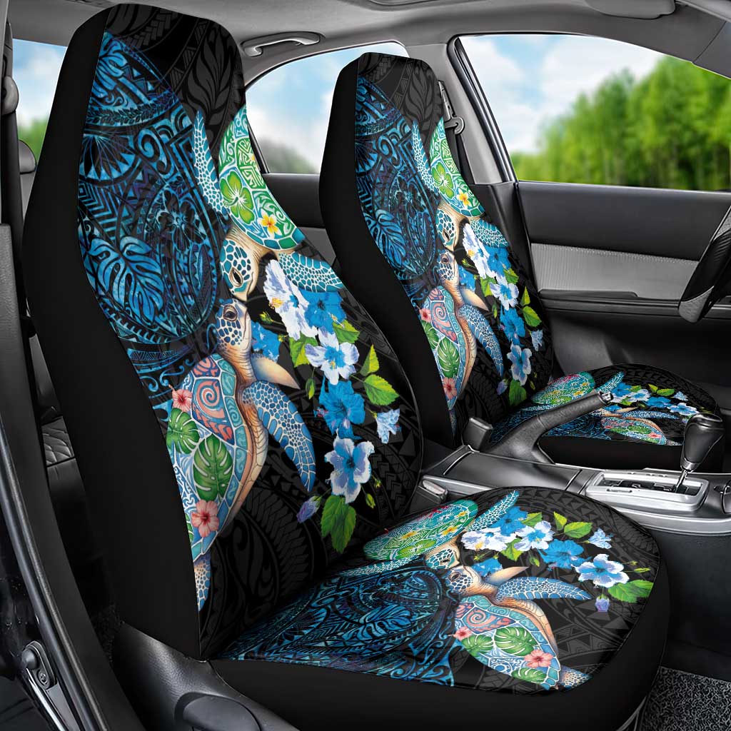 Hawaiian Couple Turtles Honi Car Seat Cover Polynesian Art Motifs and Hibiscus Black Blue Color LT03 - Polynesian Pride