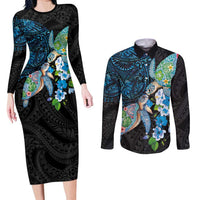 Hawaiian Couple Turtles Honi Couples Matching Long Sleeve Bodycon Dress and Long Sleeve Button Shirt Polynesian Art Motifs and Hibiscus Black Blue Color LT03 Black - Polynesian Pride