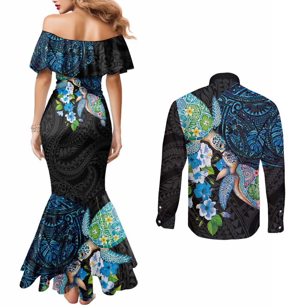 Hawaiian Couple Turtles Honi Couples Matching Mermaid Dress and Long Sleeve Button Shirt Polynesian Art Motifs and Hibiscus Black Blue Color LT03 - Polynesian Pride