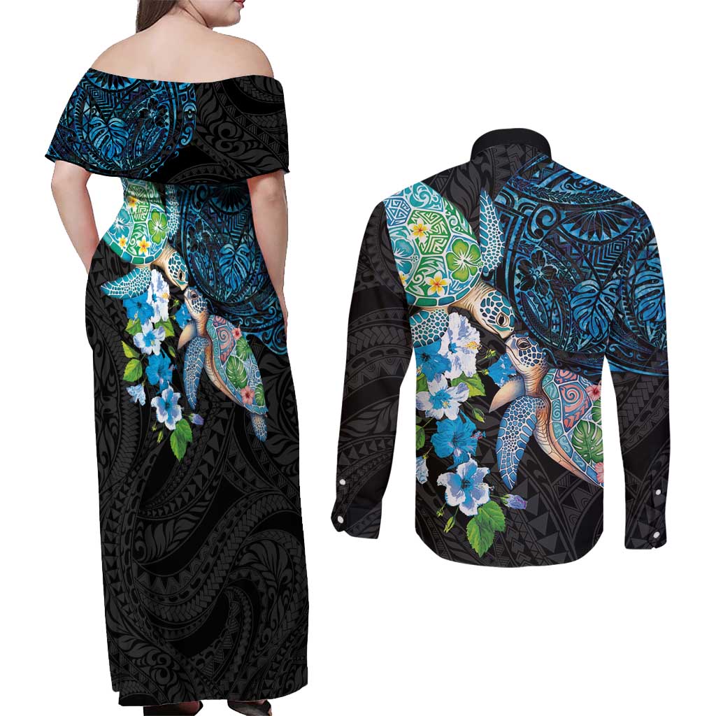 Hawaiian Couple Turtles Honi Couples Matching Off Shoulder Maxi Dress and Long Sleeve Button Shirt Polynesian Art Motifs and Hibiscus Black Blue Color LT03 - Polynesian Pride