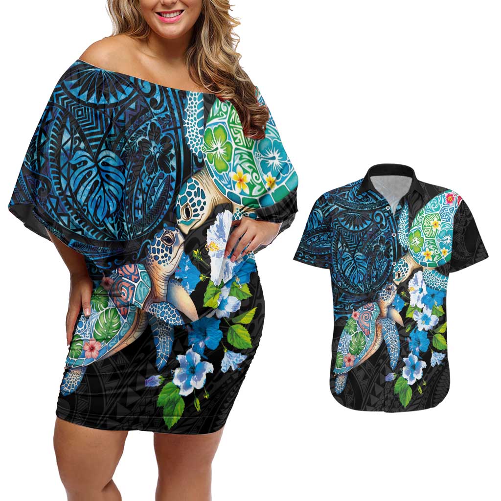 Hawaiian Couple Turtles Honi Couples Matching Off Shoulder Short Dress and Hawaiian Shirt Polynesian Art Motifs and Hibiscus Black Blue Color LT03 Black - Polynesian Pride