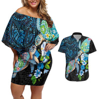 Hawaiian Couple Turtles Honi Couples Matching Off Shoulder Short Dress and Hawaiian Shirt Polynesian Art Motifs and Hibiscus Black Blue Color LT03 Black - Polynesian Pride