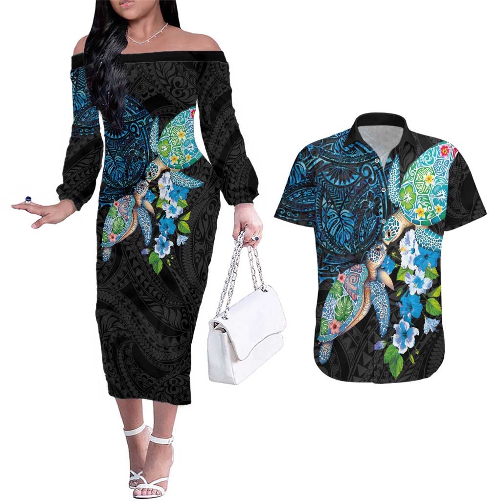 Hawaiian Couple Turtles Honi Couples Matching Off The Shoulder Long Sleeve Dress and Hawaiian Shirt Polynesian Art Motifs and Hibiscus Black Blue Color LT03 Black - Polynesian Pride