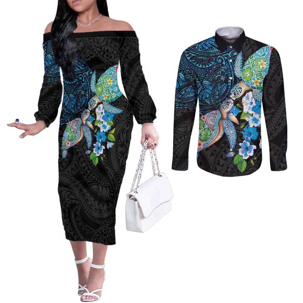 Hawaiian Couple Turtles Honi Couples Matching Off The Shoulder Long Sleeve Dress and Long Sleeve Button Shirt Polynesian Art Motifs and Hibiscus Black Blue Color - Polynesian Pride