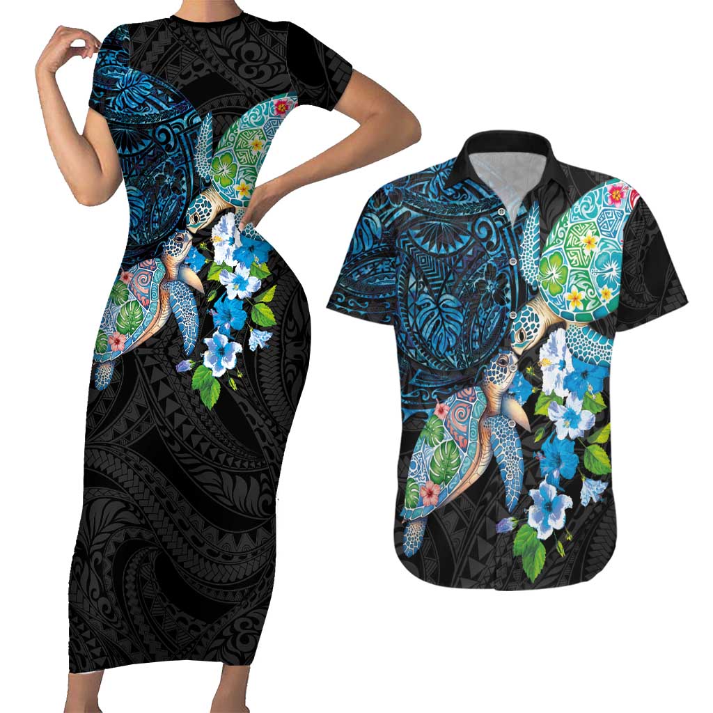 Hawaiian Couple Turtles Honi Couples Matching Short Sleeve Bodycon Dress and Hawaiian Shirt Polynesian Art Motifs and Hibiscus Black Blue Color LT03 Black - Polynesian Pride