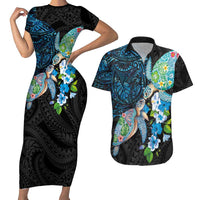 Hawaiian Couple Turtles Honi Couples Matching Short Sleeve Bodycon Dress and Hawaiian Shirt Polynesian Art Motifs and Hibiscus Black Blue Color LT03 Black - Polynesian Pride