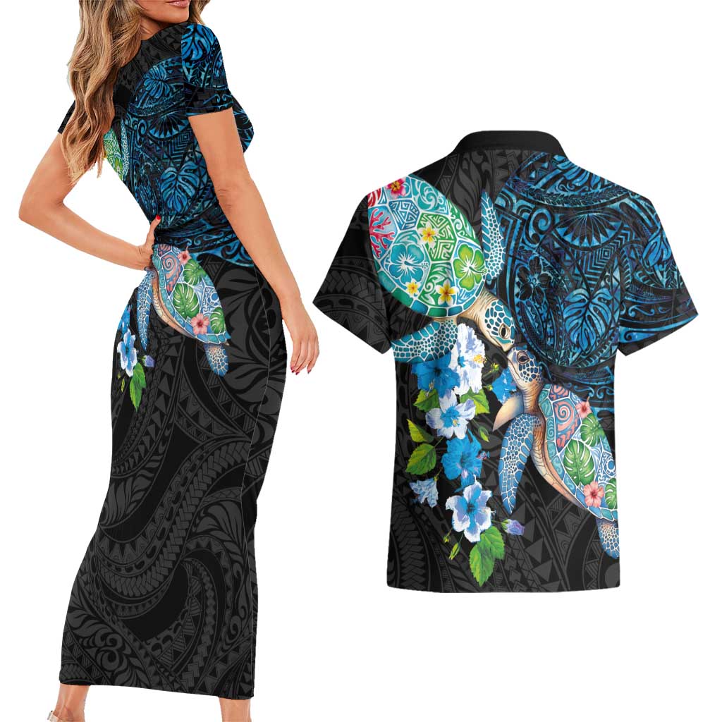 Hawaiian Couple Turtles Honi Couples Matching Short Sleeve Bodycon Dress and Hawaiian Shirt Polynesian Art Motifs and Hibiscus Black Blue Color LT03 - Polynesian Pride