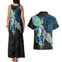 Hawaiian Couple Turtles Honi Couples Matching Tank Maxi Dress and Hawaiian Shirt Polynesian Art Motifs and Hibiscus Black Blue Color LT03 - Polynesian Pride