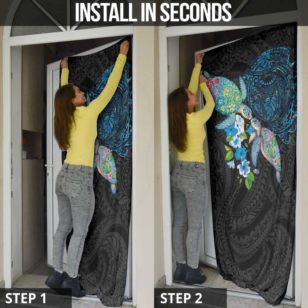 Hawaiian Couple Turtles Honi Door Cover Polynesian Art Motifs and Hibiscus Black Blue Color LT03 - Polynesian Pride