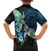 Hawaiian Couple Turtles Honi Family Matching Off Shoulder Maxi Dress and Hawaiian Shirt Polynesian Art Motifs and Hibiscus Black Blue Color LT03 - Polynesian Pride