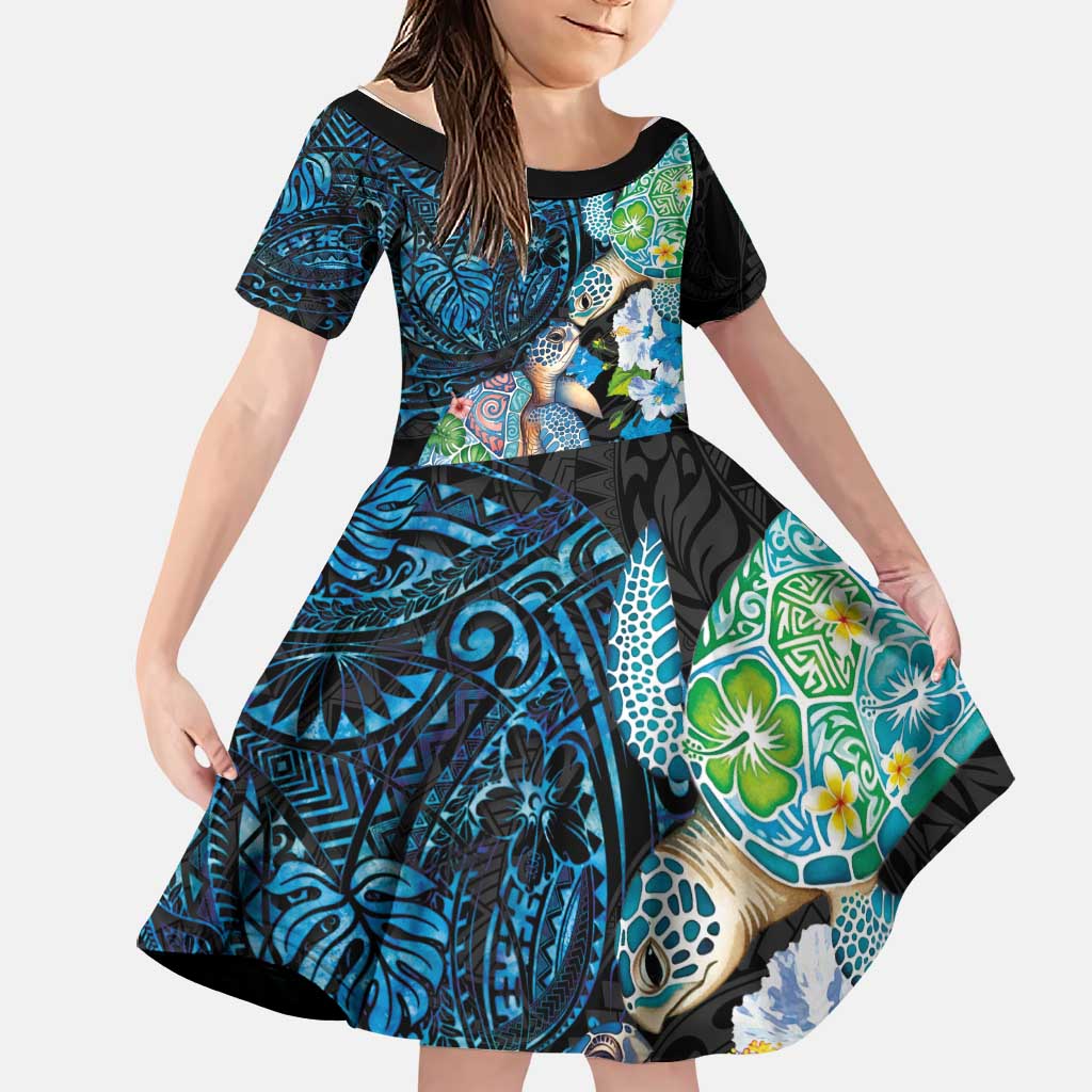Hawaiian Couple Turtles Honi Family Matching Off Shoulder Short Dress and Hawaiian Shirt Polynesian Art Motifs and Hibiscus Black Blue Color LT03 Daughter's Dress Black - Polynesian Pride