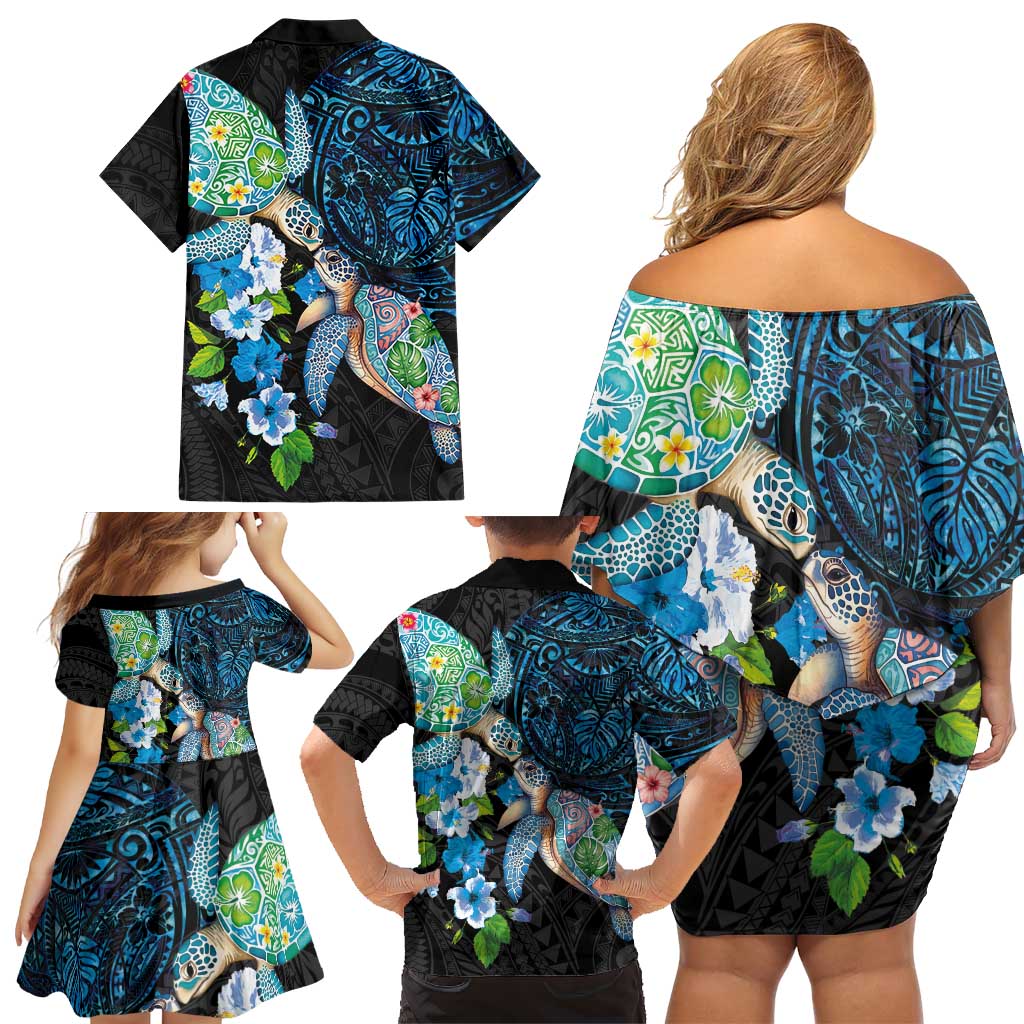 Hawaiian Couple Turtles Honi Family Matching Off Shoulder Short Dress and Hawaiian Shirt Polynesian Art Motifs and Hibiscus Black Blue Color LT03 - Polynesian Pride