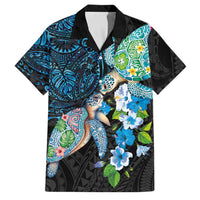 Hawaiian Couple Turtles Honi Family Matching Off Shoulder Short Dress and Hawaiian Shirt Polynesian Art Motifs and Hibiscus Black Blue Color LT03 Dad's Shirt - Short Sleeve Black - Polynesian Pride