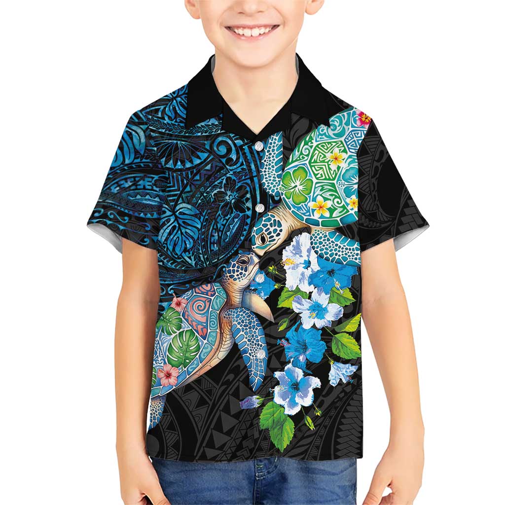 Hawaiian Couple Turtles Honi Family Matching Off Shoulder Short Dress and Hawaiian Shirt Polynesian Art Motifs and Hibiscus Black Blue Color LT03 Son's Shirt Black - Polynesian Pride